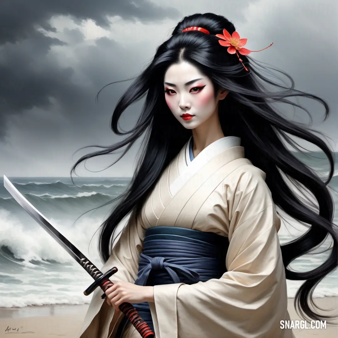 Kami with long hair holding a sword on a beach with a storm in the background