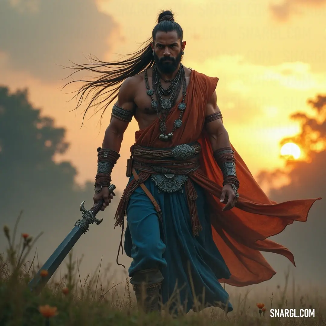 A mystical figure with long hair and a sword in a sunlit field at sunset, framed by a dramatic sky. A mystical figure with long flowing hair stands in a sun-kissed field at sunset, sword poised for adventure. The vibrant hues of the sky blend together, creating a dramatic backdrop to the serene moment of tranquility before dusk descends.