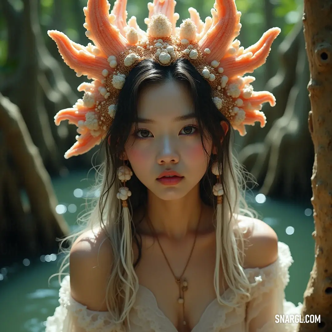 A young woman with a creative headpiece made of corals and pearls showcases her elegance against a soft, natural backdrop. With a headpiece adorned in corals and pearls, a young woman radiates elegance and creativity. Her hair flows beautifully, highlighting the unique artistry of nature's treasures, creating a stunning visual against the soft backdrop.
