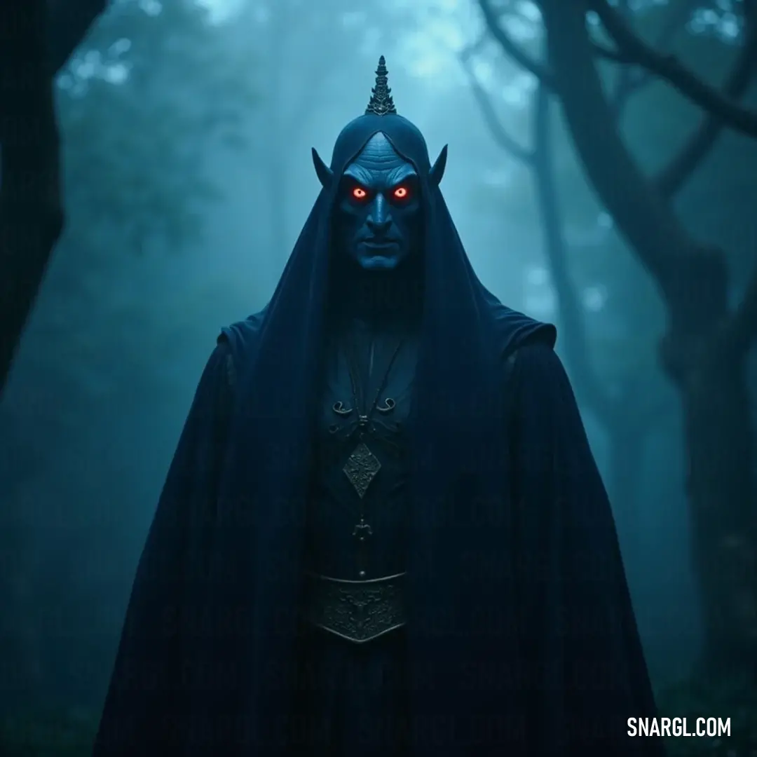 A shadowy figure cloaked in dark attire and glowing red eyes emerges from a foggy forest, a sentinel of the mysteries that lie within the enchanted woods. In a fog-laden forest, a mysterious figure clad in dark attire and with piercing red eyes stands amid ancient trees, the atmosphere thick with intrigue and secrets waiting to be uncovered.