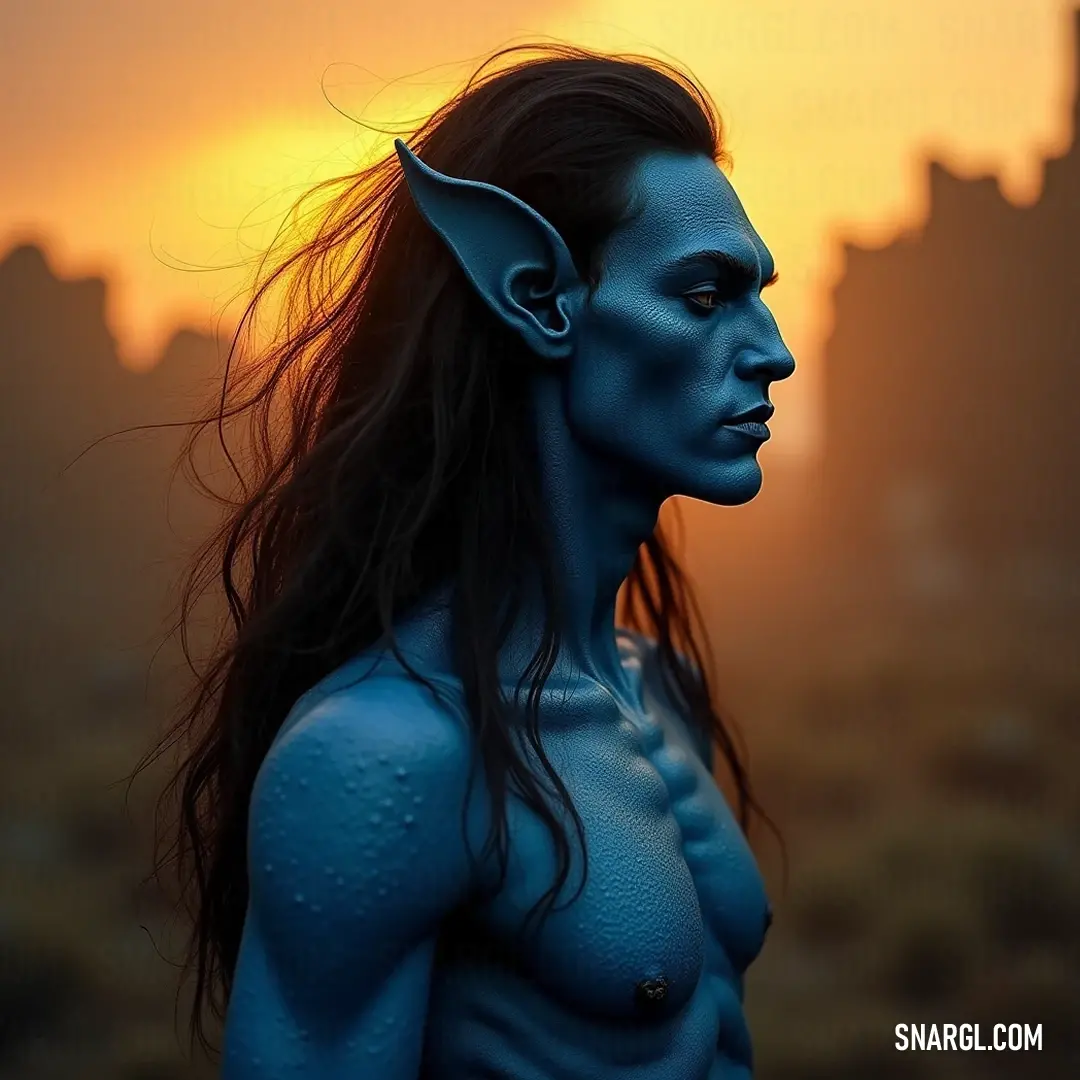 A striking figure with blue body paint and makeup creates a stunning visual, embodying the essence of creativity and self-expression in a fantastical realm. A unique character adorned with vibrant blue makeup vividly contrasts against a neutral background, showcasing a striking beauty that captivates and intrigues, blending fantasy with artistry.