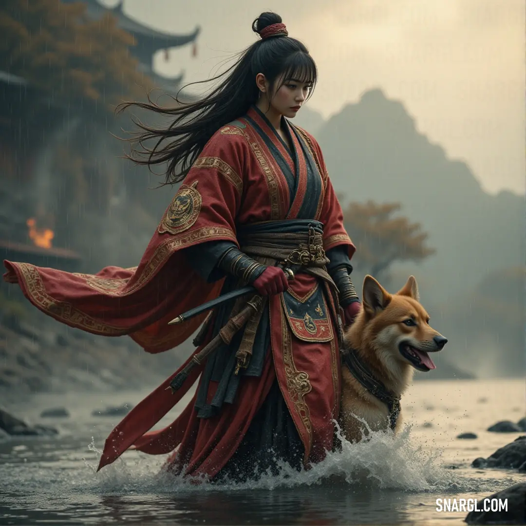 Kanegami, in his striking red and black attire, walks his dog through the river, the towering mountains in the background providing a peaceful, yet commanding setting for his journey. Kanegami, dressed in red and black, walks alongside a loyal dog through a river, with majestic mountains rising in the background, creating a serene yet powerful scene of companionship and nature.