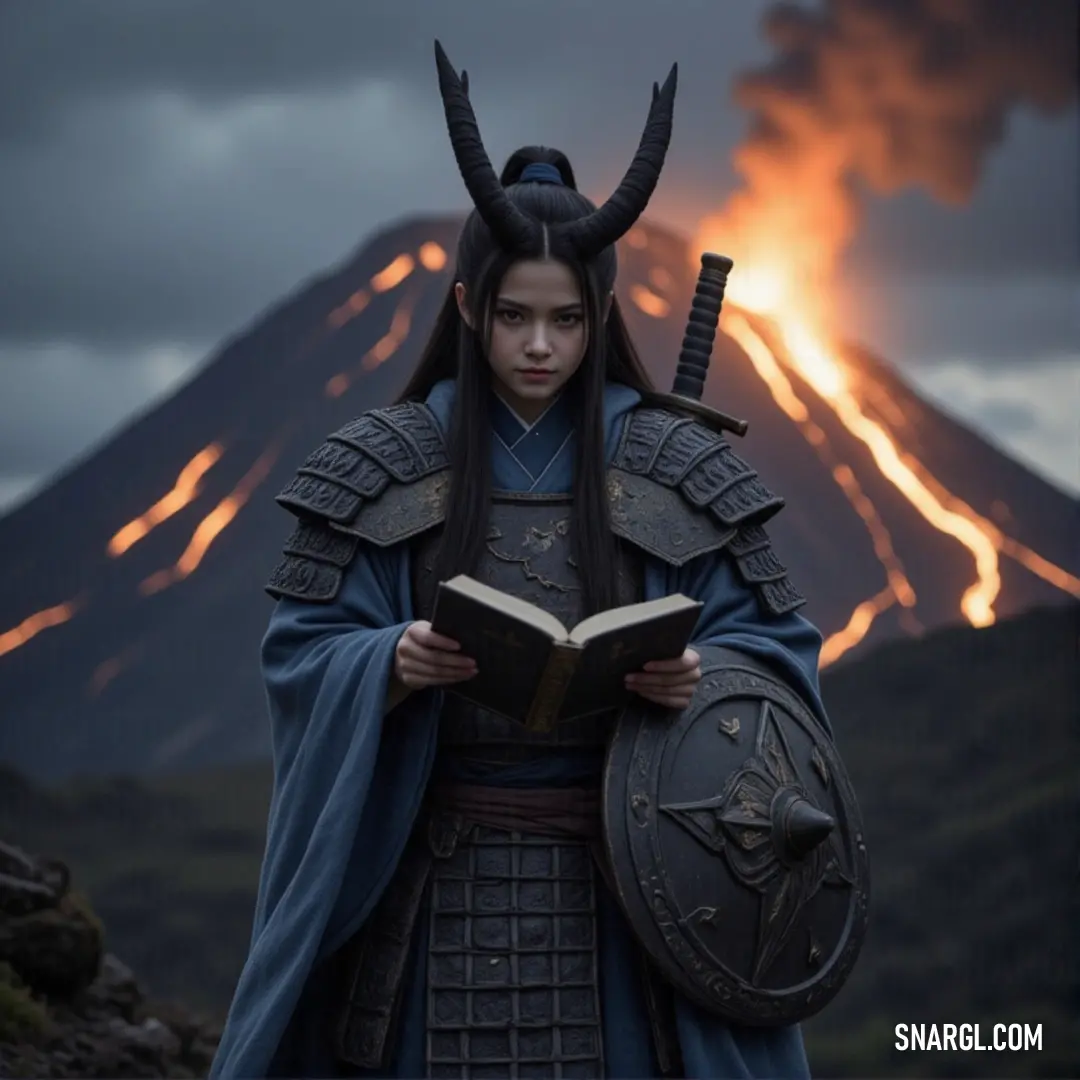 Kanna, with a horned headpiece and sword, reads peacefully in front of a volcanic eruption. Kanna, adorned in a unique costume and a horned headpiece, reads a book in front of an erupting volcano. With a sword by her side, her presence is both powerful and serene, blending intellect with the raw power of the earth beneath her.