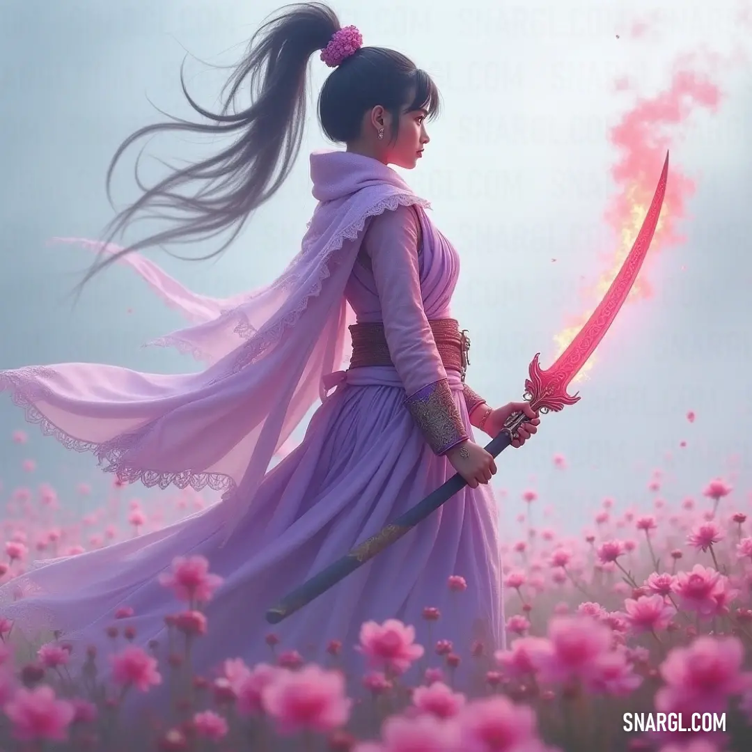 A bold warrior in a flowing purple dress wields a sword while standing tall in a vibrant flower field, symbolizing courage and serenity in nature. A valiant figure dressed in a flowing purple gown, clutching a gleaming sword, stands boldly amidst a field bursting with colorful flowers, embodying bravery and tranquility.
