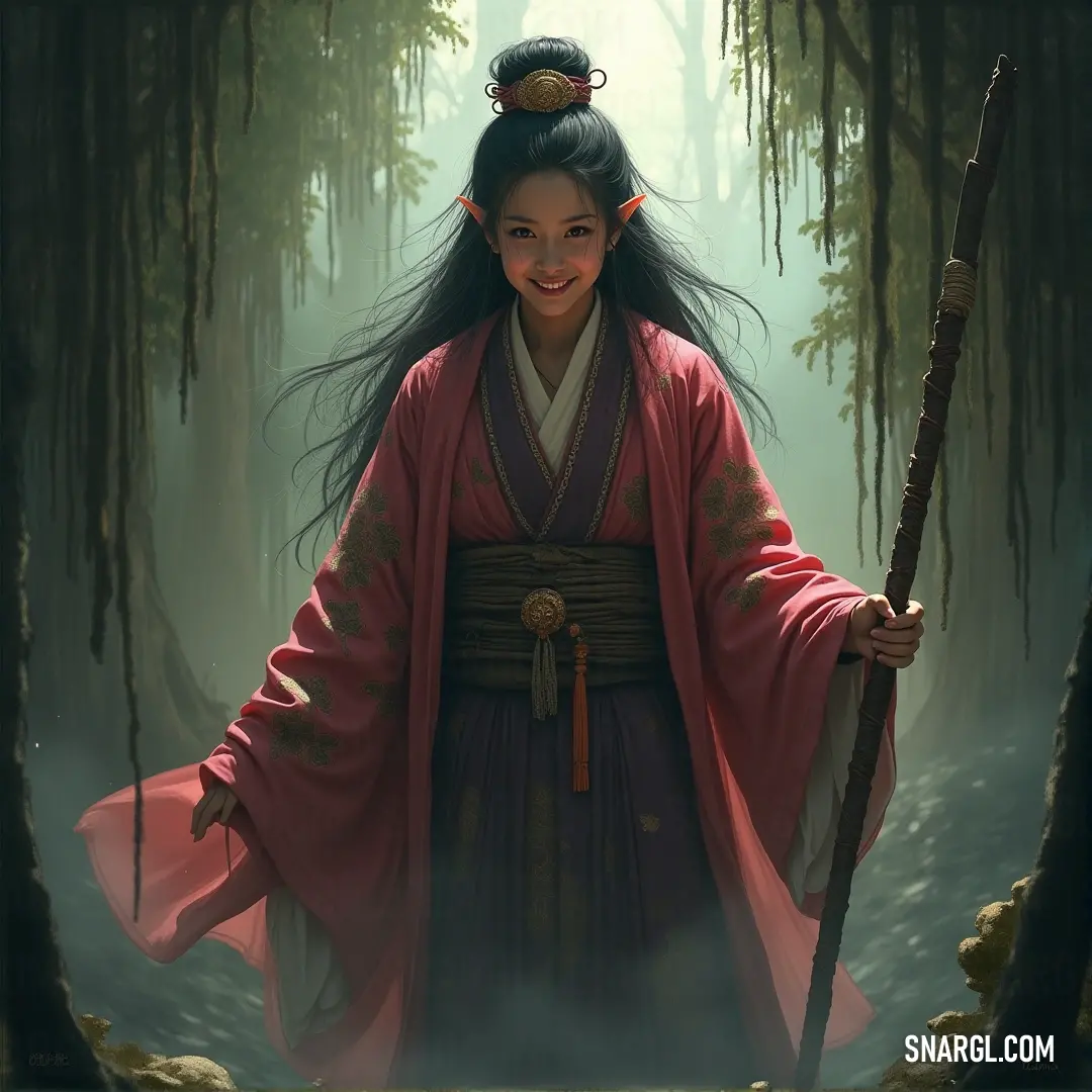 Kanna in a red kimono stands amid a foggy, moss-covered forest, holding a stick as if in harmony with nature. In a foggy forest, Kanna stands tall in a red kimono, holding a wooden stick. The moss-covered trees around her seem to come alive in the mist, adding an ethereal quality to her poised figure, as if she’s part of the forest’s mystical spirit