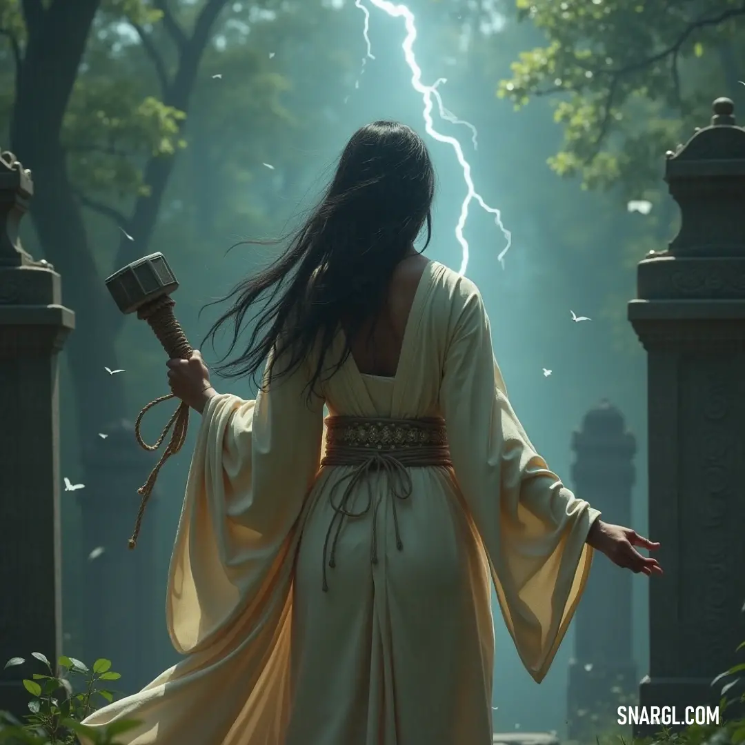 This striking image of Kannon, clothed in ethereal white, presents her amidst a lush forest where dynamic lightning illuminates the surroundings, reflecting the union of tranquility and the raw energy that surrounds her. Kannon, draped in a flowing white dress, grips a luminous hammer, set within a verdant forest that echoes with energy, as a lightning bolt pierces through the tree canopy, contrasting nature's serene beauty with a hint of raw power.
