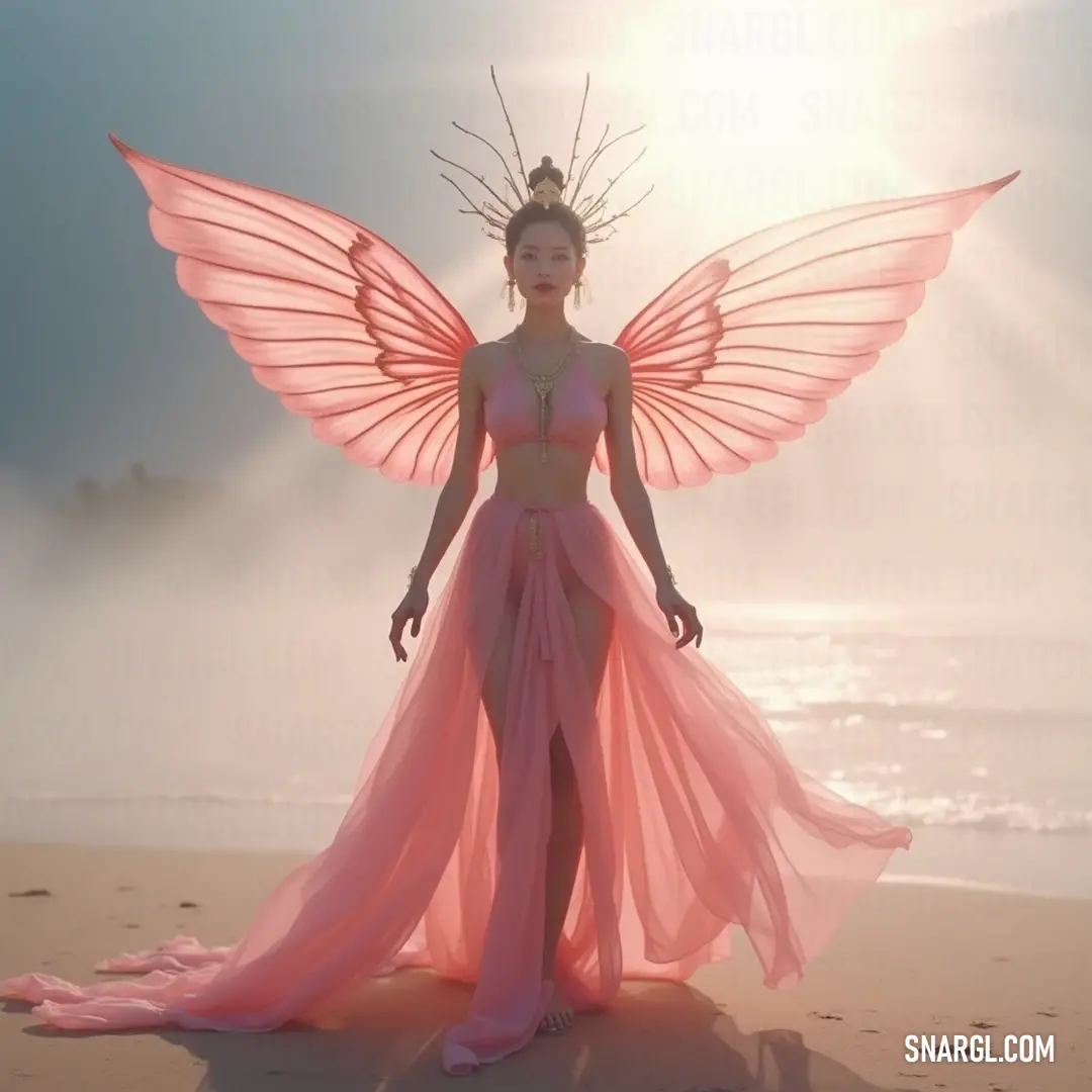 Kanti in a whimsical pink gown with delicate butterfly wings, capturing a moment of fairy-tale magic. A whimsical scene of Kanti dressed in a delightful pink gown adorned with butterfly wings perched atop her head, embodying a magical essence surrounded by a dreamlike atmosphere filled with soft hues and enchanting light.