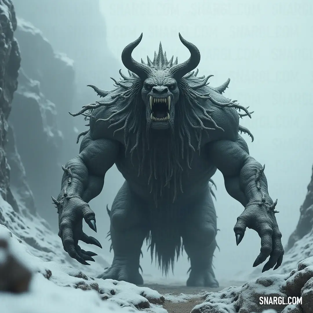 Meet the Kappa King, adorned with long flowing hair and a wide grin, presiding over its snowy domain that is both serene and filled with untamed beauty. The Kappa King reigns over a serene, snow-clad landscape, showcasing its distinctive long hair and wide mouth, while rocks and drifts of snow create an enchanting but wild natural scene.