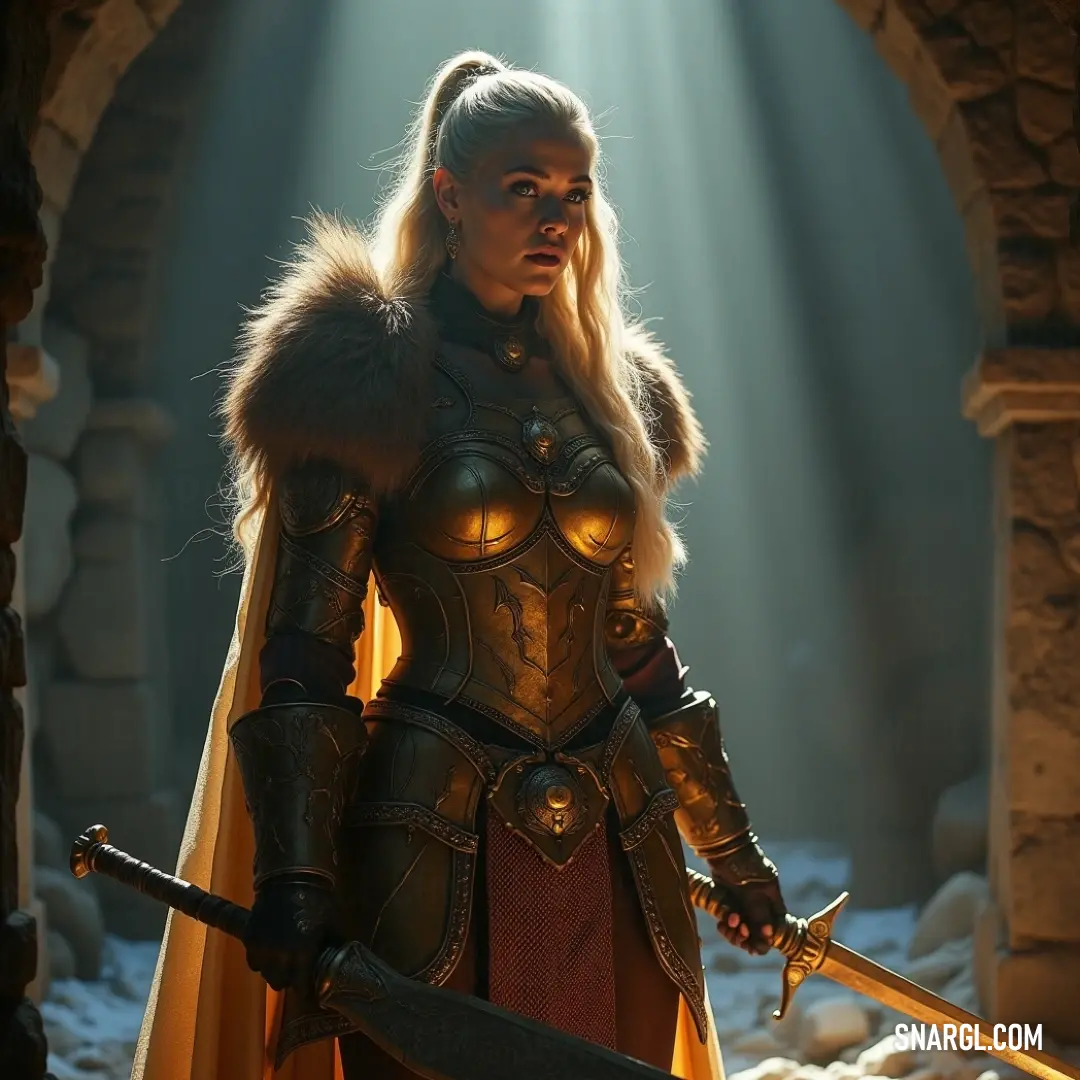 Kara, a fearless warrior in a medieval outfit, gripping her sword with the light of the setting sun shining through an old castle window, creating a powerful scene of anticipation and strength. A brave warrior named Kara stands in a medieval castle, holding a sword in one hand. The light streams through an ancient stone window, casting dramatic shadows and illuminating her determined expression as she prepares for battle.