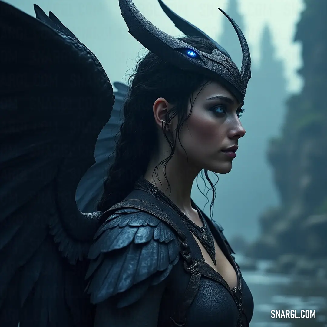 An enthralling depiction of a girl with striking wings before a regal castle, radiating elegance and mystery amidst an enchanting backdrop. A captivating girl in a dramatic black winged outfit, with piercing blue eyes, stands poised before an ancient castle adorned with a fountain, framing a scene rich with history and enchantment.