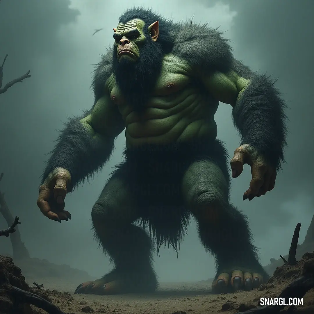 Bigfoot: The Enigmatic Guardian of the Forest A legendary Bigfoot, cloaked in a dense coat of fur, stands majestically in a verdant forest, blending harmoniously with nature as the sky above transitions from day to twilight, symbolizing the mystery of the unknown.