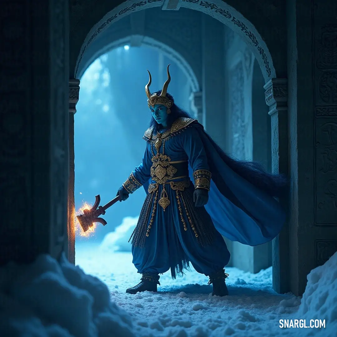A striking figure in a blue costume holds a torch alight in a snowy realm, with an elegant archway leading into a welcoming building beyond, capturing the magic of light amidst the cold. A character clad in striking blue attire stands majestically in a snowy landscape, gripping a flaming torch that flickers fiercely against the winter chill. Behind them, a grand archway beckons towards the warmth of a distant building, creating an enchant