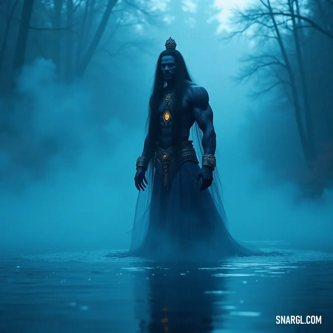 An elegant figure in a flowing blue dress and a crown, standing serenely in a fog-covered lake, with a captivating glow emanating from his eyes and an aura of mystery. A noble figure adorned in a flowing blue gown stands gracefully by a foggy lake, a shimmering crown resting atop his head while a mysterious light sparkles in his eyes, embodying both elegance and intrigue.