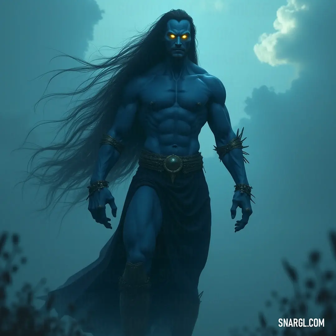 A majestic figure with long hair and glowing yellow eyes, effortlessly gliding through a bright blue sky, immersed in the beauty of nature's wind. A majestic figure with long flowing hair and striking yellow eyes, soaring through a vibrant azure sky, the wind tousles his hair, creating an enchanting scene of serenity and strength.