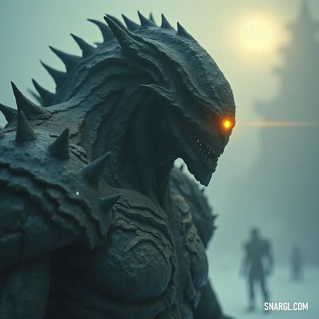 A colossal Godzilla statue radiates with glowing eyes and sharp spikes as people gather to admire its formidable stature. A towering Godzilla statue looms with fierce glowing eyes and jagged spikes adorning its massive head, while a curious crowd of onlookers marvels at its colossal presence in the background.
