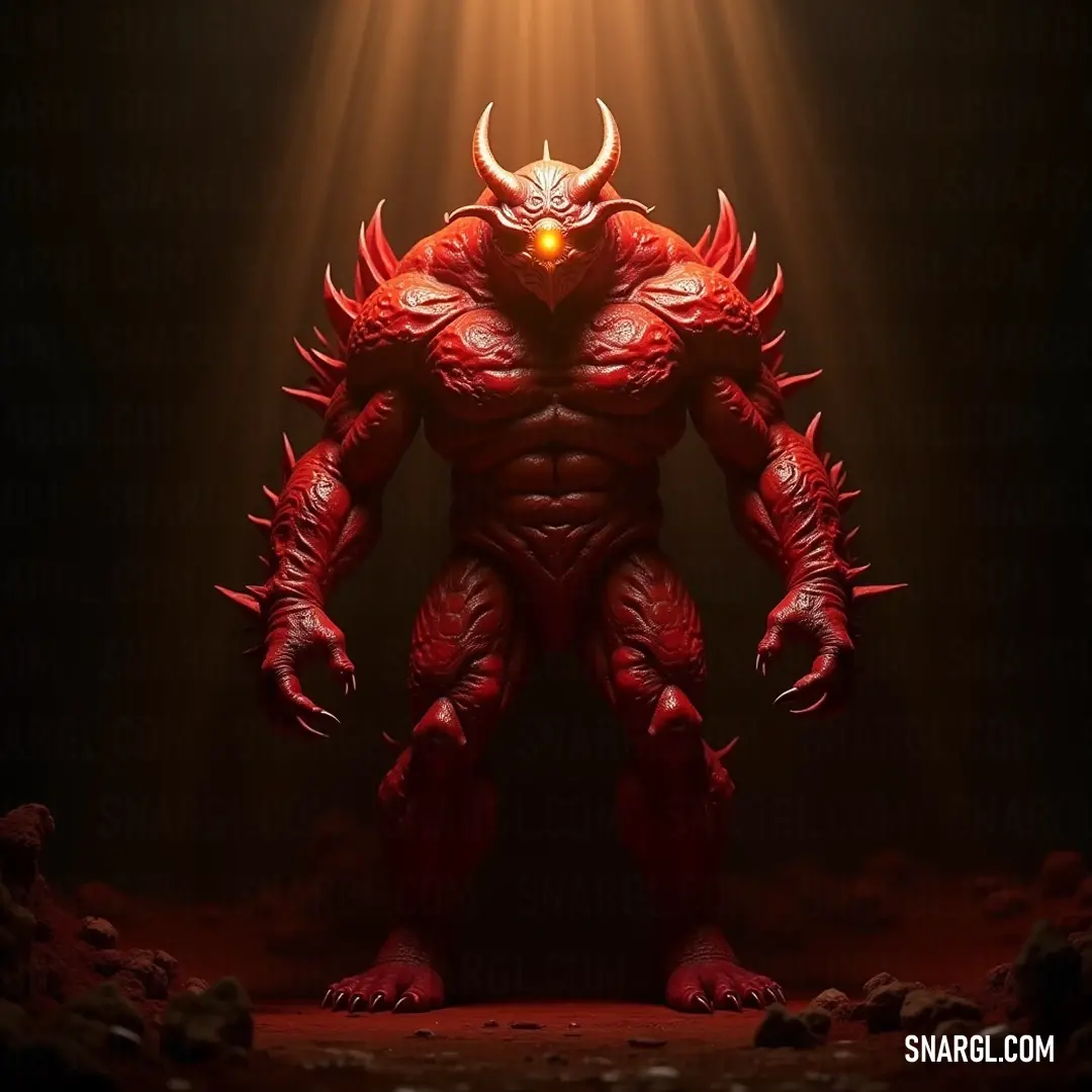 A mesmerizing red Karnak with prominent horns sits in shadow, highlighting its majestic form as enchanting light streams in from behind. In a dimly lit room, a striking red Karnak with horned features gazes enigmatically into the distance, illuminated by a radiant light filtering through the darkness behind it.
