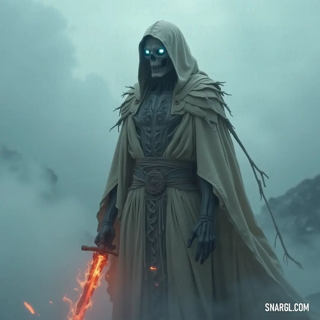 A warrior stands determined with a sword amidst a mystical fog. In a mystical fog, a formidable warrior holds a sword aloft, their silhouette contrasting against an ethereal sky, embodying strength and determination as they prepare for the challenges that lie ahead.