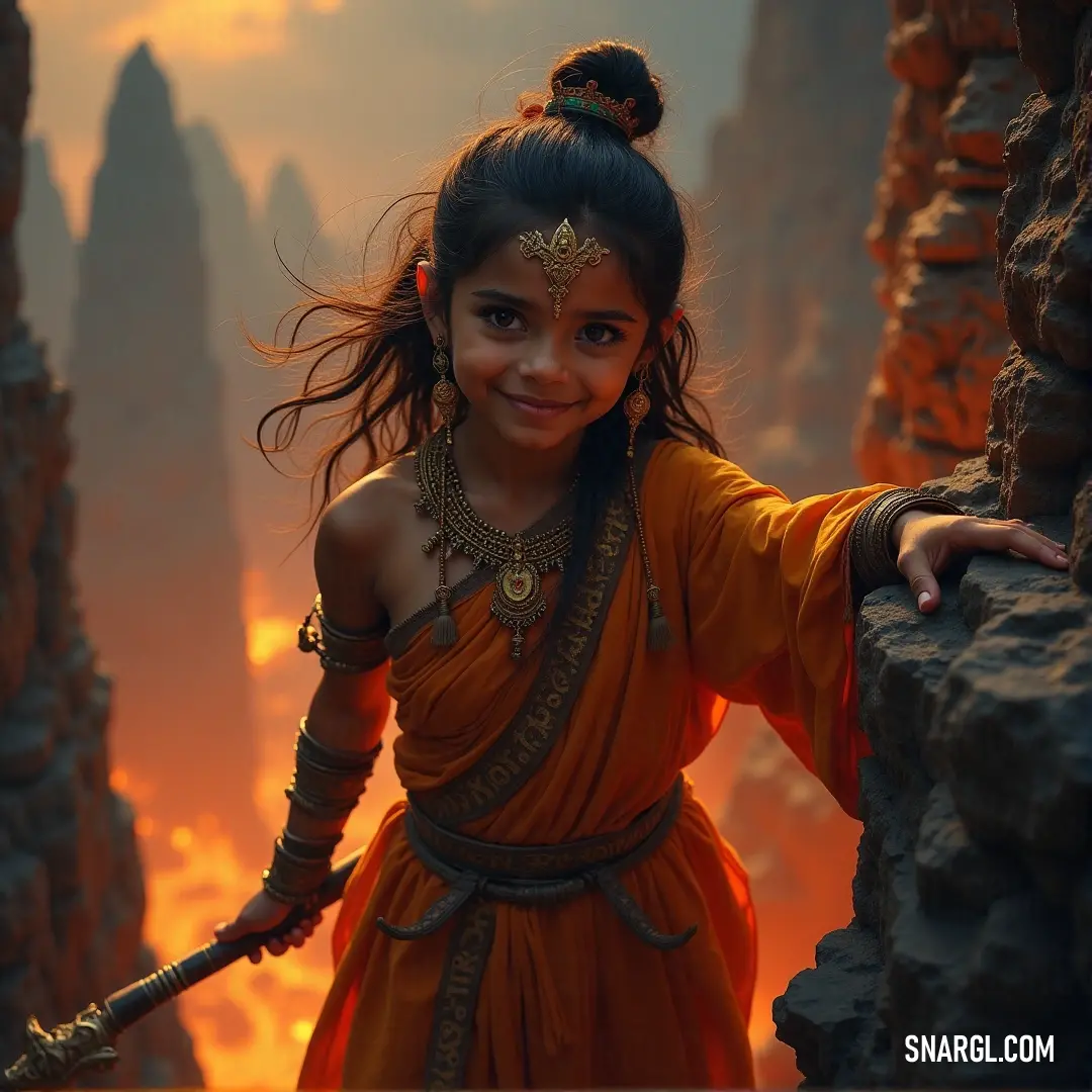 A young character in costume, sword in hand, standing before a rock wall. A young person dressed in a vibrant costume stands confidently before a rugged rock wall, holding a sword in one hand. The colors of the costume contrast beautifully with the raw natural texture of the stone backdrop.