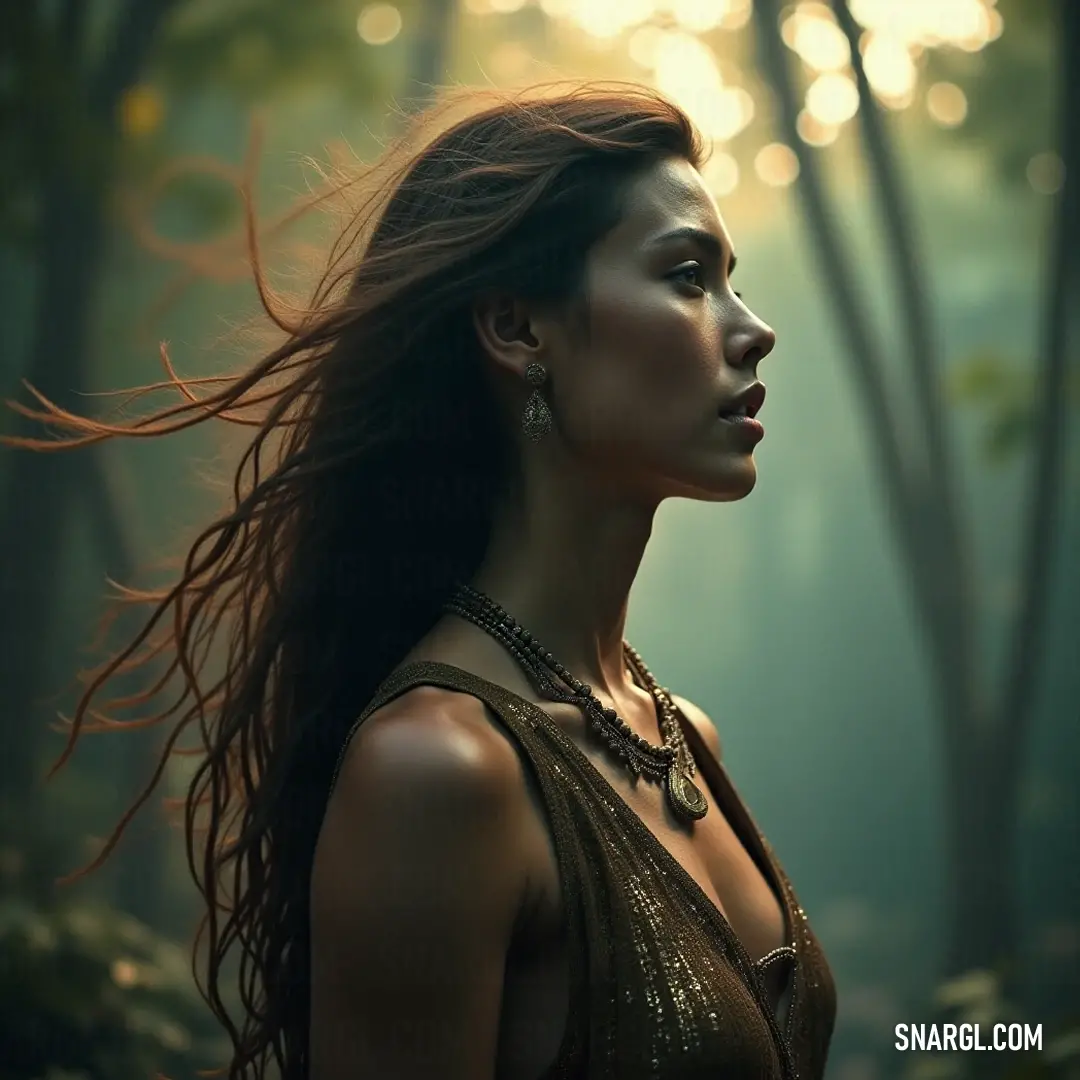 A captivating portrait of Karuna, with flowing long hair, gracefully poised among towering trees in an enchanting forest, where sunlight filters through the leaves, creating a magical atmosphere.