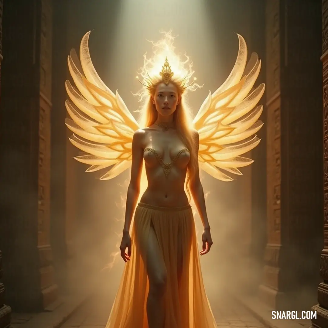 Karuna in celestial angel wings, captured in a soft-lit corridor, radiating serenity and elegance. Karuna emerges gracefully with ethereal angel wings, bathed in soft light that illuminates her features, creating a mystical atmosphere in a corridor filled with gentle shadows and highlights, evoking serenity and grace.