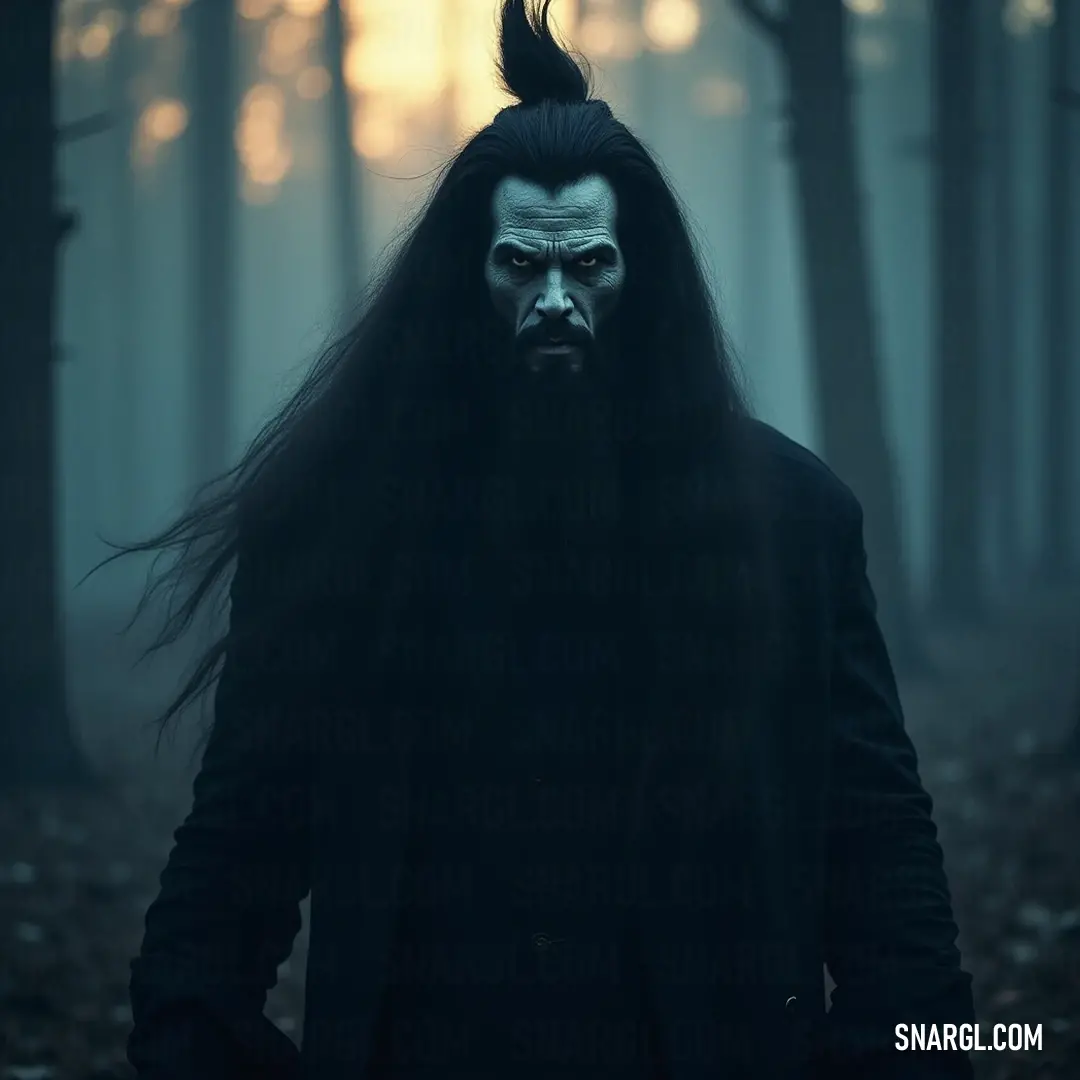 A shadowy presence in a twilight forest, featuring long-haired figure in a demon mask surrounded by fog and ethereal sunlight breaking through the trees. A mysterious figure with long hair and an eerie demon mask stands amidst towering trees in a fog-laden forest, where beams of sunlight struggle to penetrate the shroud of mist, creating an otherworldly atmosphere.
