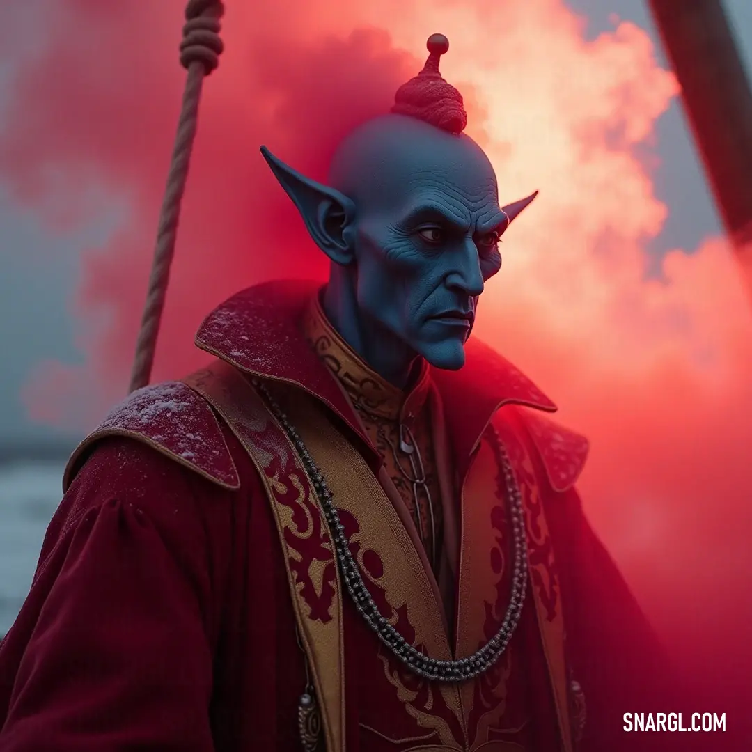 A daring figure dressed in an intricate blue outfit with prominent horns stands against a moody, cloudy sky, accented by a captivating red glow, blending intensity with elegance. A bold character in a striking blue costume adorned with horns, stands valiantly against an overcast sky, a dramatic red hue peeking through, creating a dynamic and captivating atmosphere around him.