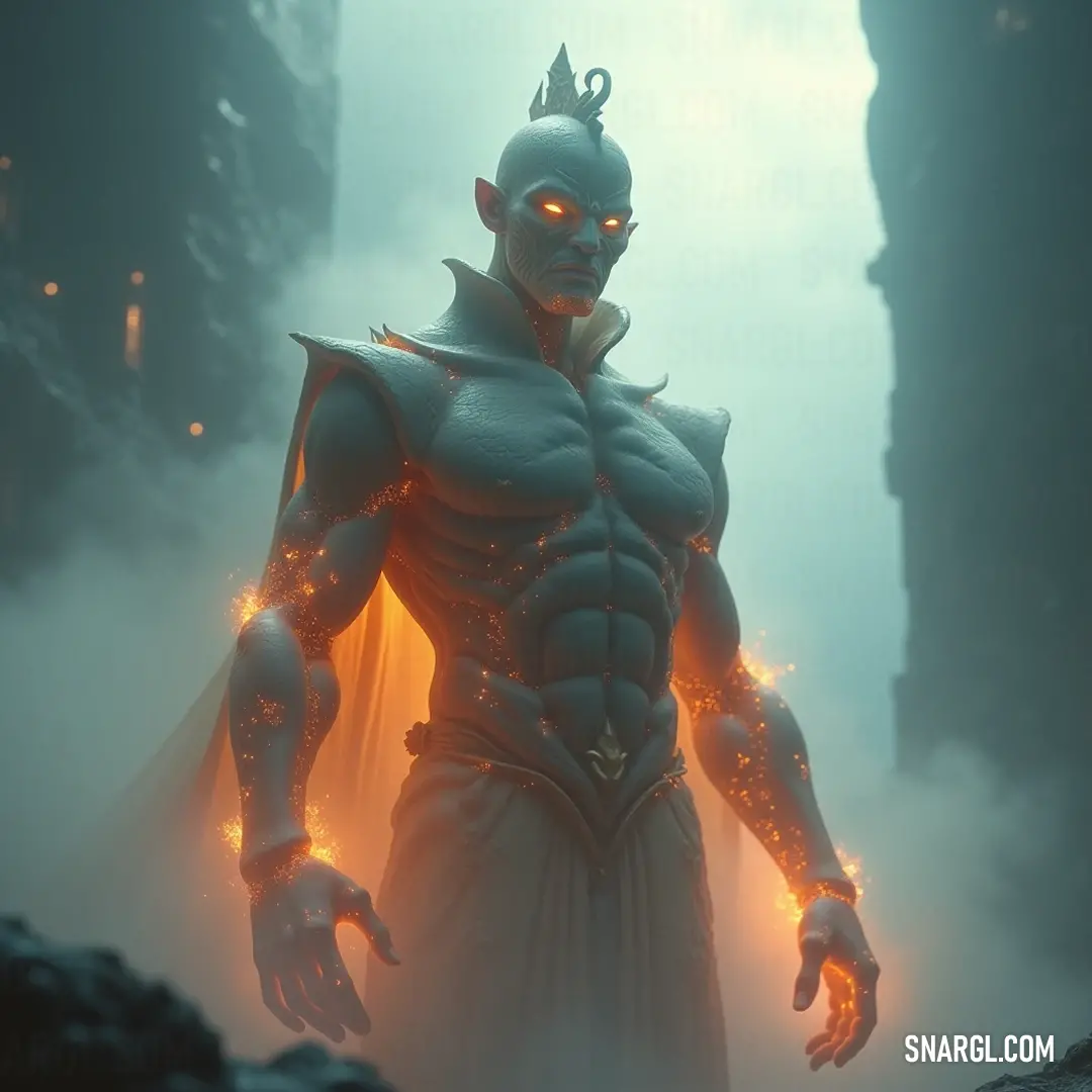 A character in a mysterious costume posing dynamically in a foggy atmosphere, eyes glowing brilliantly. A figure in a mysterious costume striking a dynamic pose with hands on hips, standing in a foggy setting, their glowing eyes piercing the mist and capturing the intrigue of any onlooker.