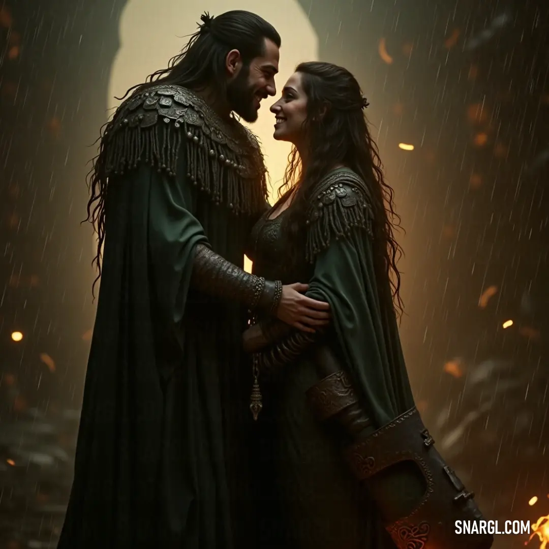 A valiant knight and a mystical Kassandra draped in elaborate medieval attire hold a gleaming sword as raindrops fall gently around them, illuminated by the ethereal glow of a full moon in the darkened sky.