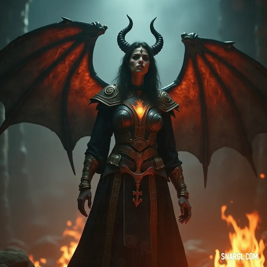 Kassandra with dragon wings on her head and a demon on her shoulder, standing in a forest full of mystery. Kassandra wears a costume with dragon wings on her head, while a demon perches on her shoulder. The mystical aura of the forest around her adds to the otherworldly presence she exudes.