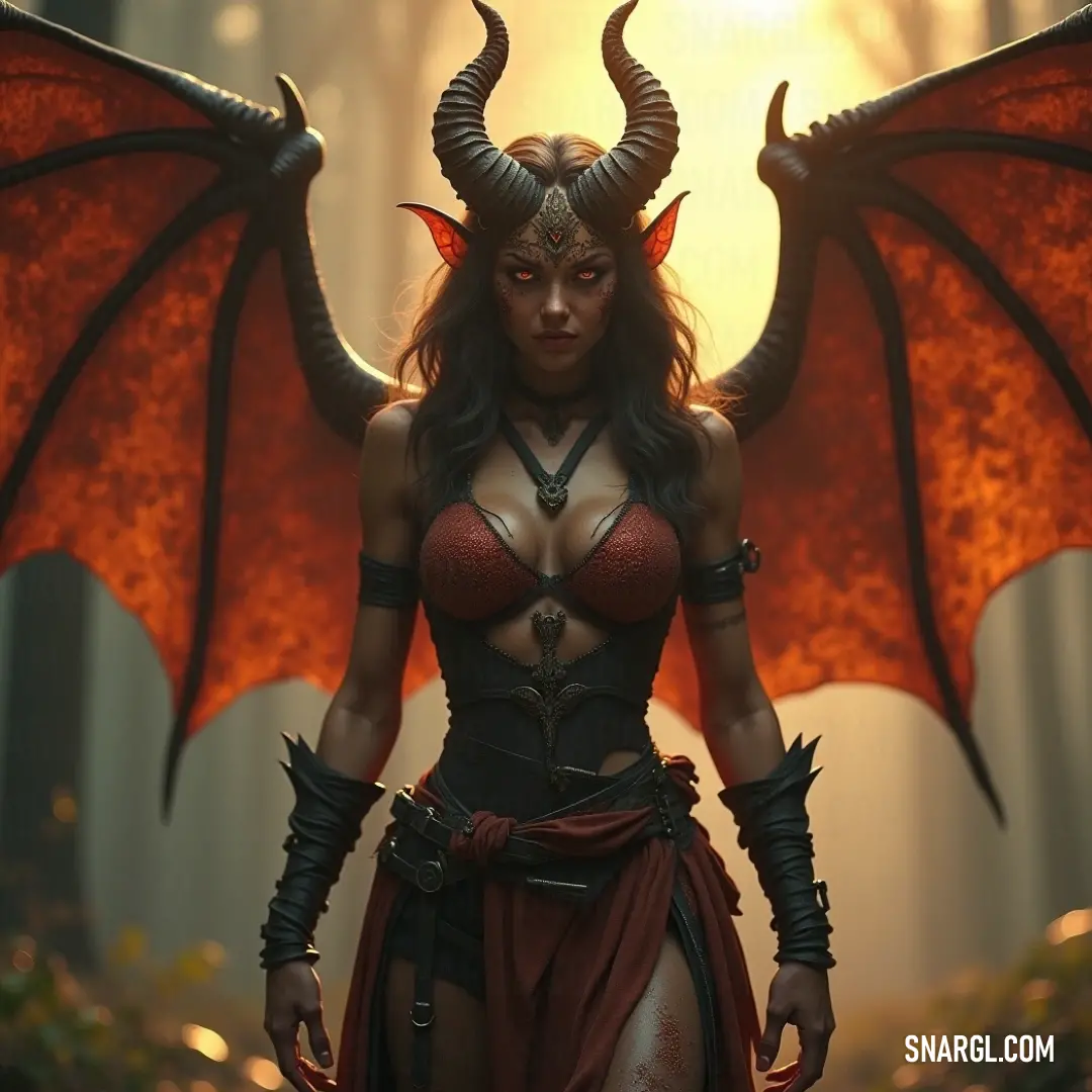 Kassandra in a demon costume with red dragon wings, standing in a mystical forest among towering trees. Kassandra, with horns and a demon costume, stands in a forest surrounded by the deep green of trees. Red dragon wings unfurl behind her, creating a dramatic contrast against the natural backdrop.