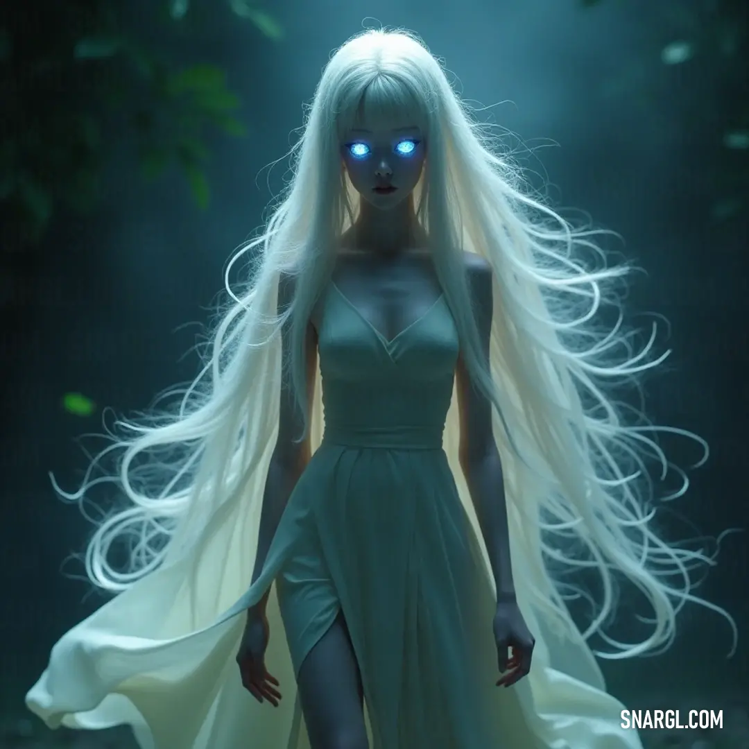 Amidst the lush greenery of an enchanting forest, a young woman with flowing white hair and mesmerizing blue eyes walks gracefully, embodying harmony and tranquility in a moment of pure beauty. A serene young woman with long, flowing white hair and striking blue eyes walks gracefully through an enchanting forest, her presence harmonizing with the natural beauty around her, evoking a sense of peace and wonder.