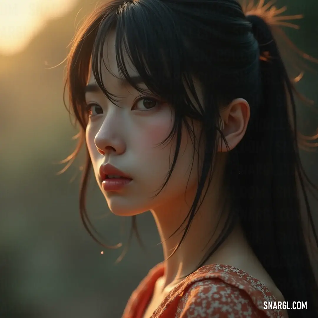 With long flowing hair and a contemplative gaze, a young woman in a peaceful natural setting captures a moment of introspection, revealing layers of character and beauty amidst tranquil surroundings. A striking young woman with long flowing hair and a poised ponytail gazes thoughtfully to the side, her serious expression revealing a depth of character and contemplation against a lush natural backdrop that adds to her allure.