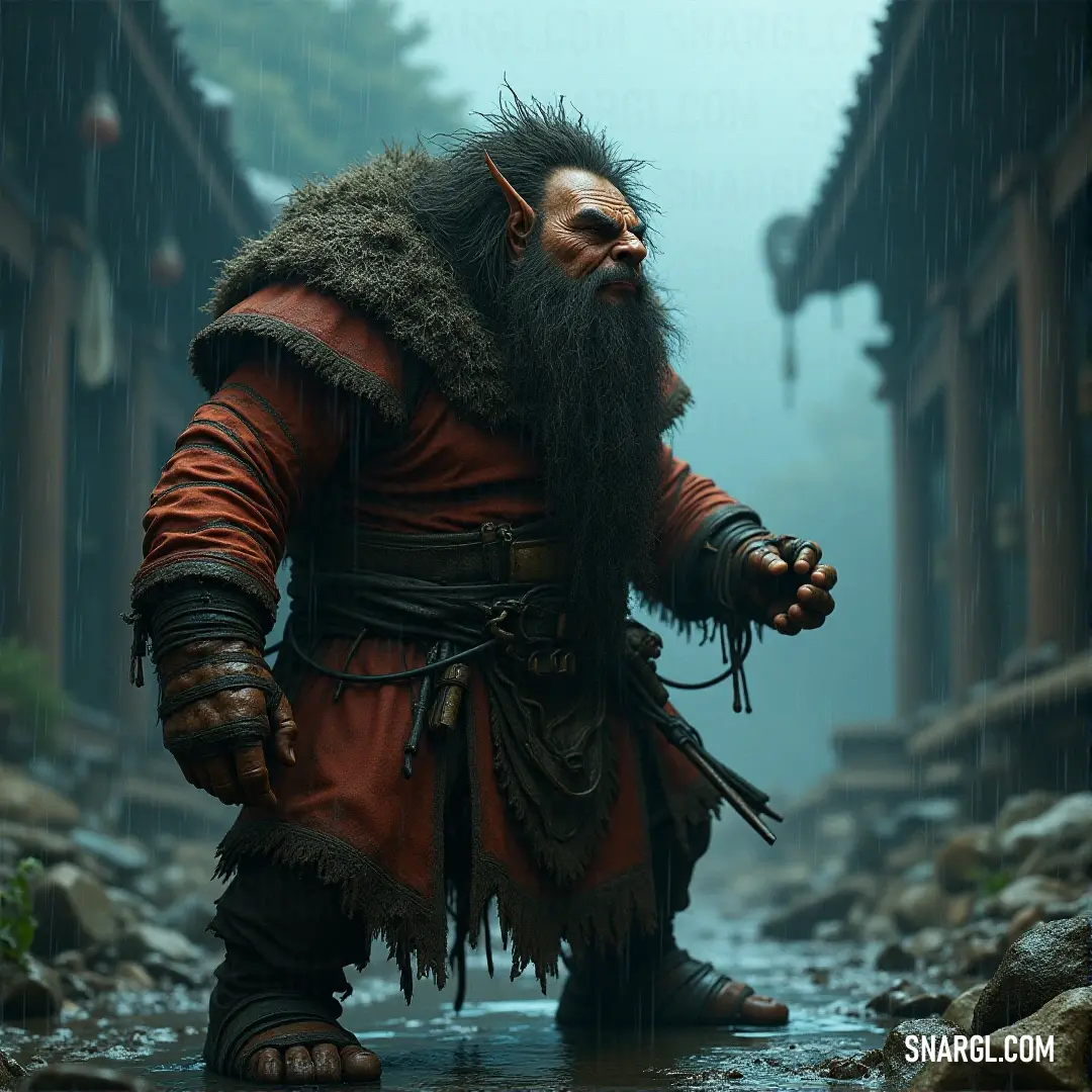 Kazrik Grimbrow, adorned in a red outfit, walks through a rain-drenched village. His long beard flows behind him as he treads through puddles, each step echoing in the quiet, rainy streets. Kazrik Grimbrow, dressed in a vibrant red outfit, strides through a rain-soaked village. His long beard and determined expression mirror the stormy atmosphere around him, as puddles reflect the cold, wet environment of the bustling streets.