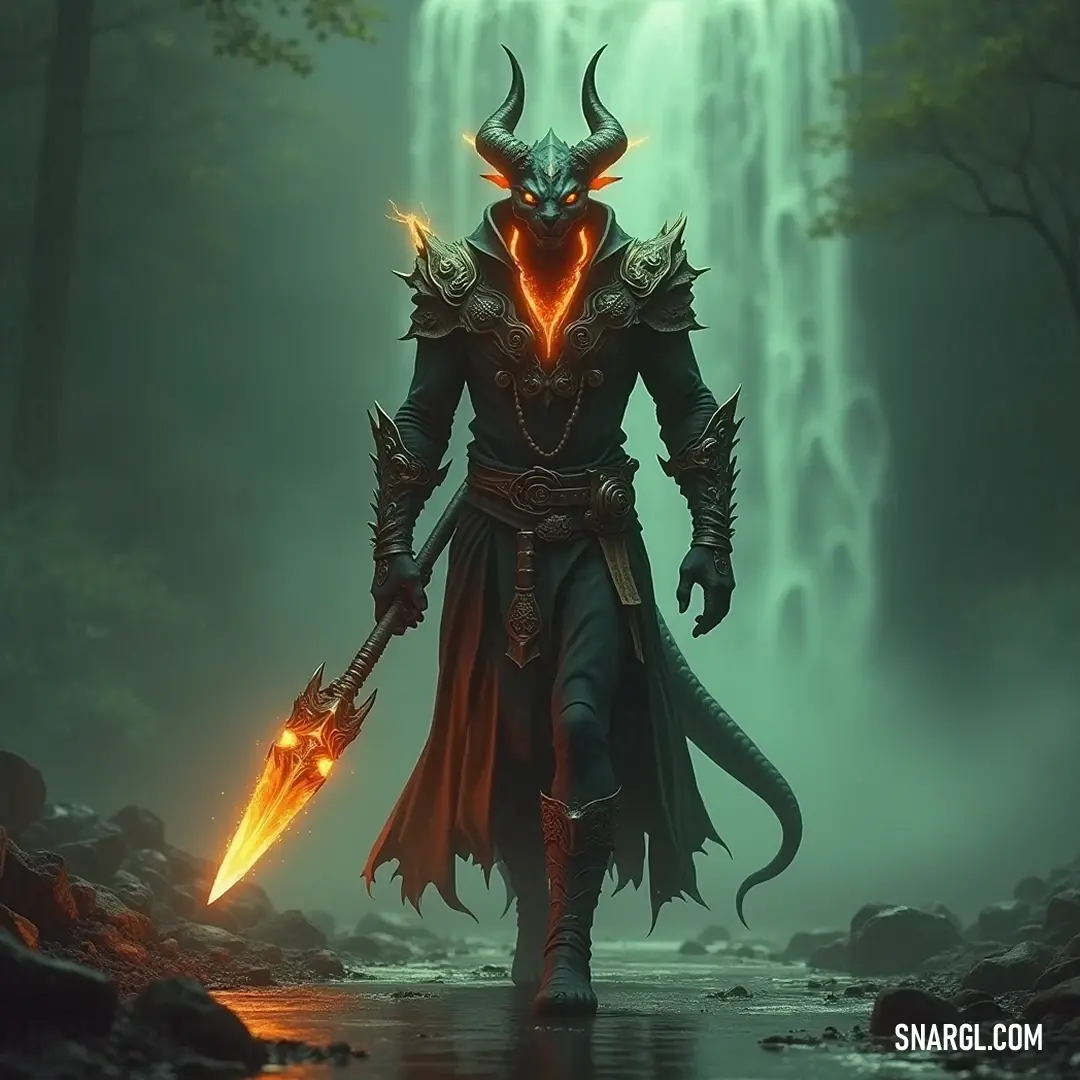 A determined warrior dons a uniquely crafted mask, brandishing a sword, as he traverses a serene forest, with a majestic waterfall cascading in the distance, creating an aura of exploration and adventure.