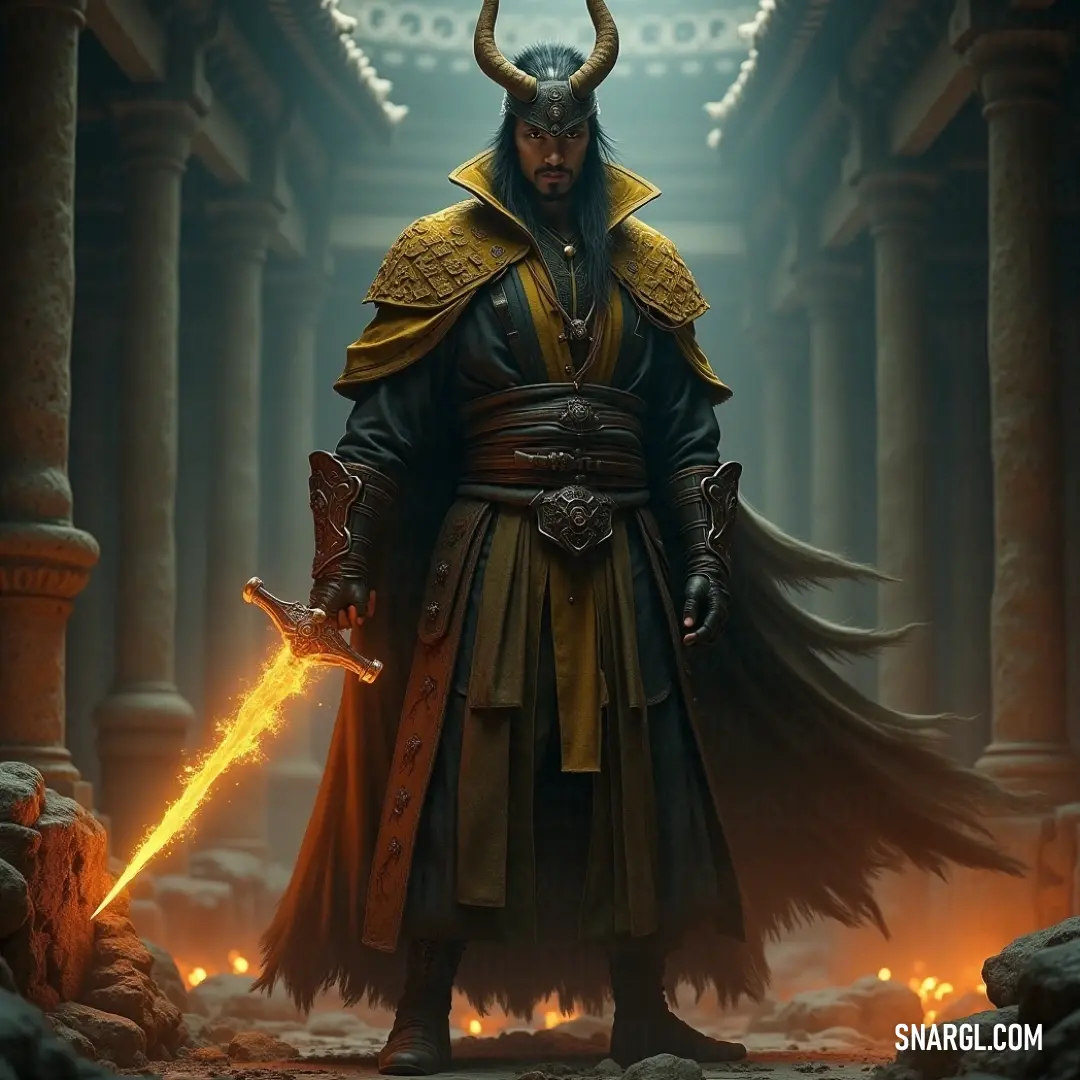 In a dark room filled with ancient columns and pillars, Kazuma stands proudly, her horned costume and sword making her an imposing figure. The room’s shadowy ambiance adds to the sense of mystery and authority. Kazuma, now wearing horns and holding a sword, stands in a dimly lit room filled with ancient columns and pillars. The room's shadowy atmosphere enhances the tension in the scene, as her powerful presence commands attention.