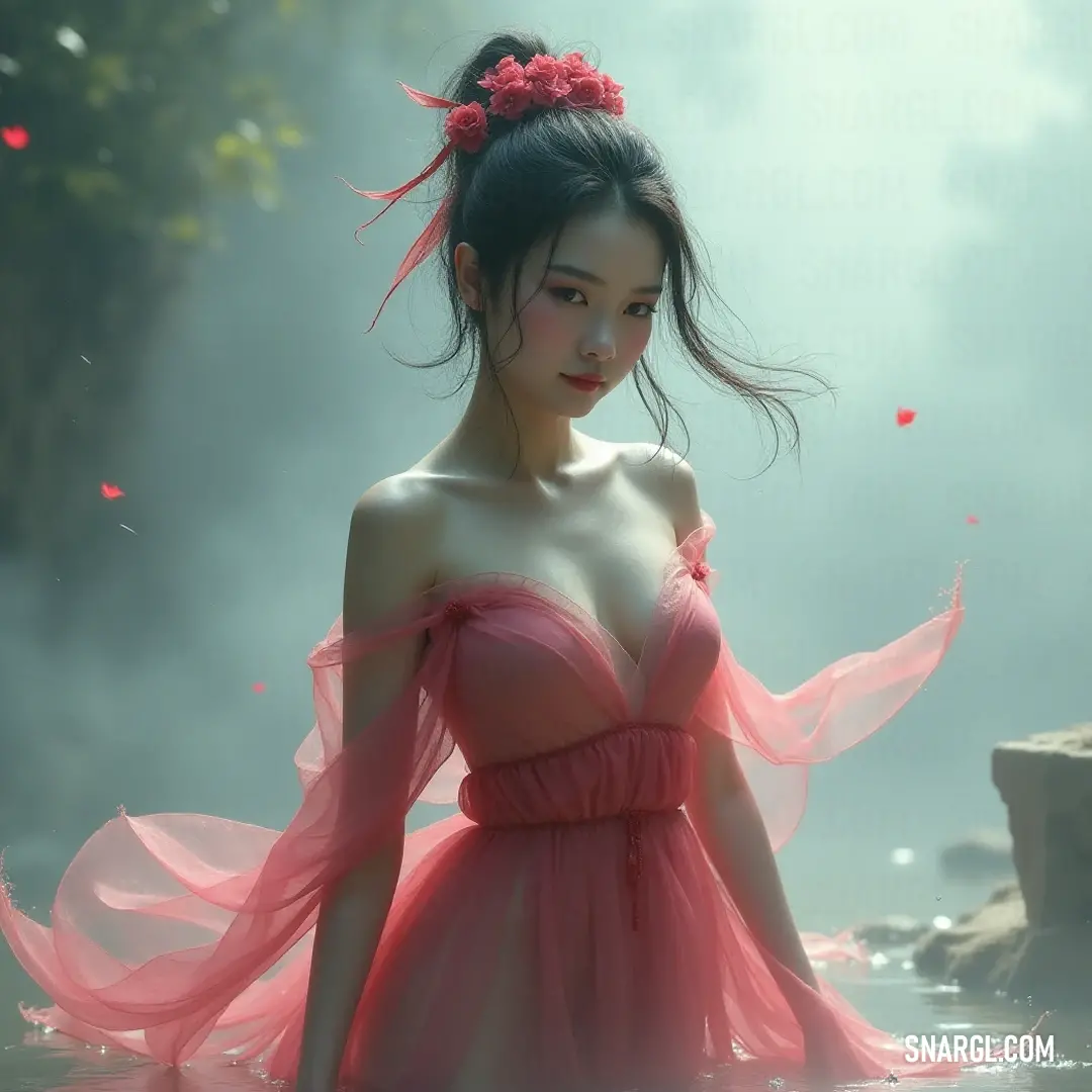 A graceful woman in a pink dress stands amidst a tranquil river and a majestic waterfall, embodying natural beauty and serenity. A stunning figure in a pink dress stands gracefully in a peaceful river, framed by a magnificent waterfall cascading behind her. A vibrant red flower in her hair complements her serene composure, embodying the harmony of nature.