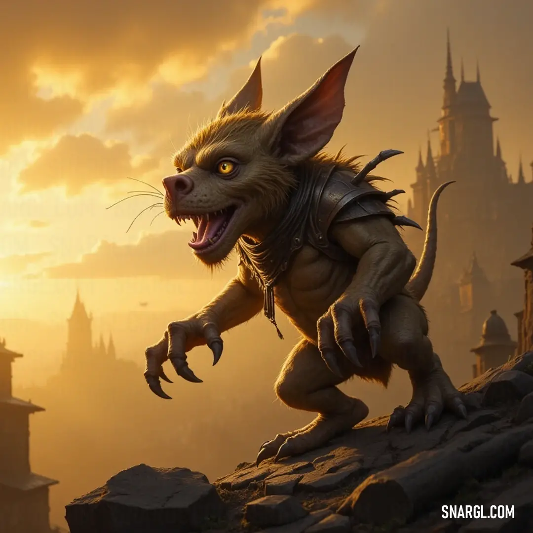 A striking Kazz stands atop a rocky outcrop, fiercely overlooking a stunning castle backdrop, possessed by a demon-like visage and tail that tells tales of valor and adventure in a mythical realm.