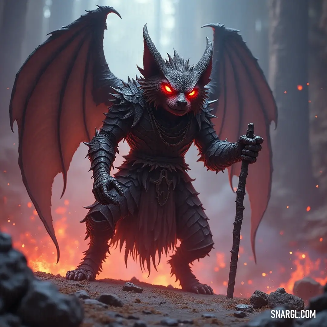 A formidable demonic Kazz wields a mysterious staff in a foreboding dark forest, its red eyes glimmering like embers. The ominous atmosphere heightens the sense of danger lurking within the shadows.