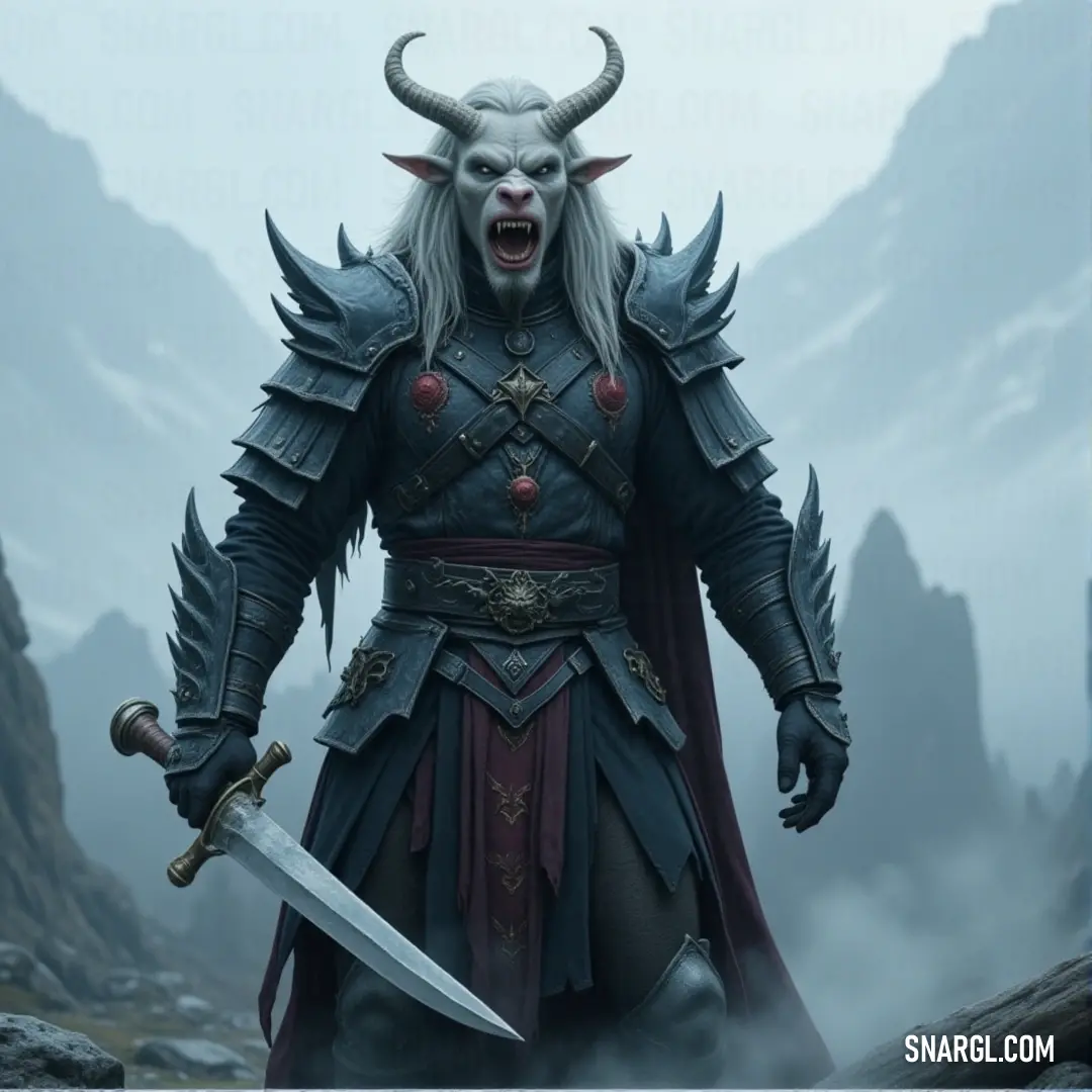Kellen, donned in a majestic horned costume, stands tall with a sword in hand, the towering mountain behind him symbolizing the epic journey to come. Kellen, dressed in an elaborate horned costume, stands confidently on a rocky terrain, holding a gleaming sword. The mighty mountain behind him adds an air of awe and power, hinting at the challenges that lie ahead.