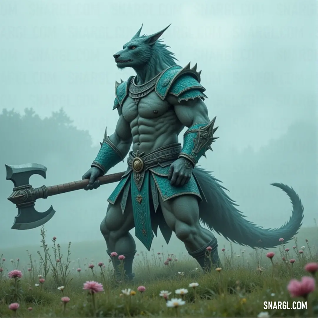 In a tranquil yet surreal scene, Kellen and his creature companion stand against a backdrop of flowers and fog, ready for any challenge that comes their way. Kellen, a fearless warrior, grips a massive axe, standing next to a strange, dog-like creature in a vibrant field. The lush grass and colorful flowers stretch across the landscape, while a foggy sky looms overhead, adding a sense of mystery to the peacefu