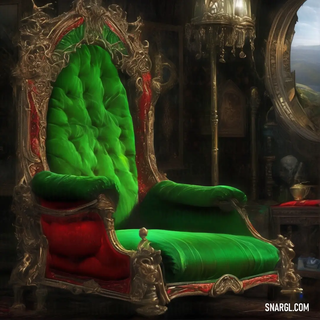 Green and red chair in a room with a mirror and a clock on the wall behind it and a table with a vase on it. Color #4CBB17.