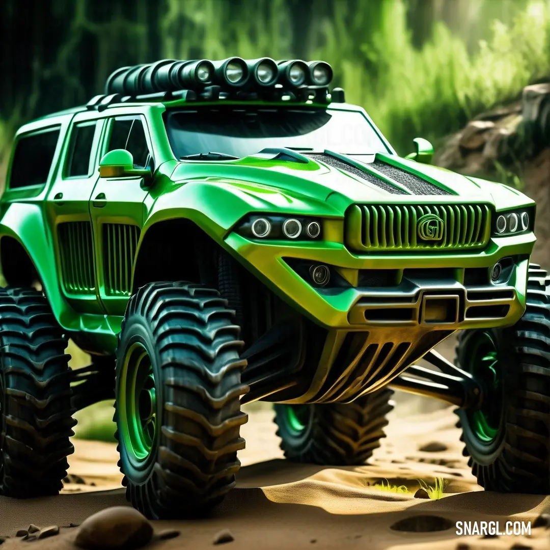 Kelly green color. Green monster truck driving through a forest filled with trees and rocks