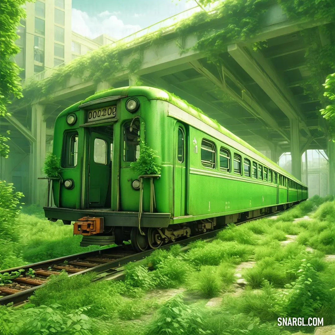 Green train traveling through a lush green forest next to a bridge and tall buildings on a cloudy day. Example of #4CBB17 color.