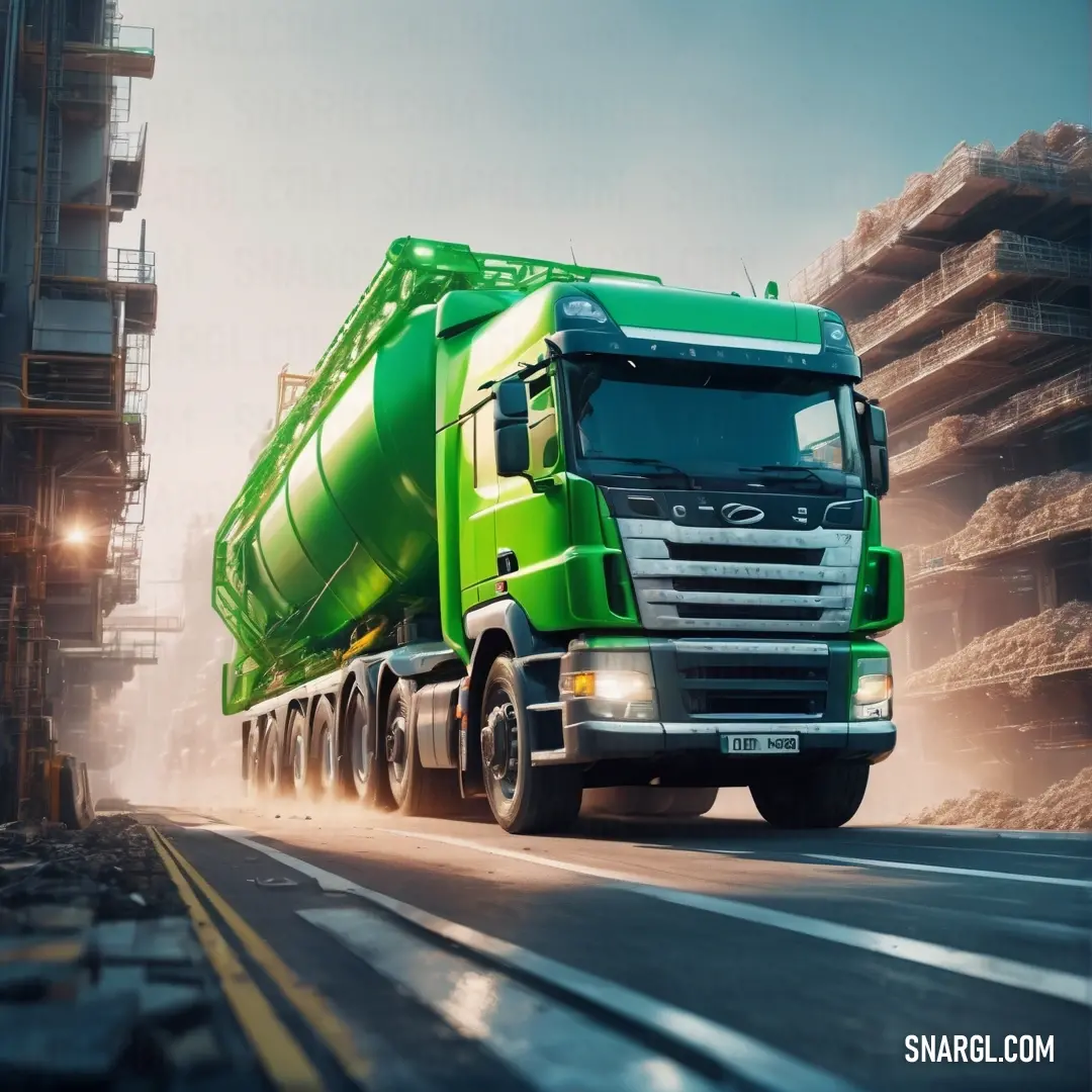 Green truck driving down a road next to a building under construction with a sky background. Color RGB 76,187,23.