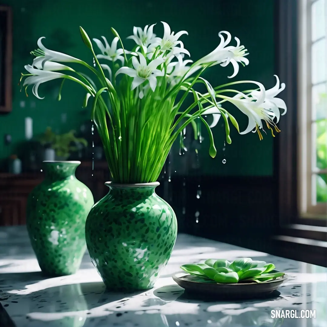 Kelly green color. Green vase with white flowers on a table next to a plate of food and a green plant in a vase