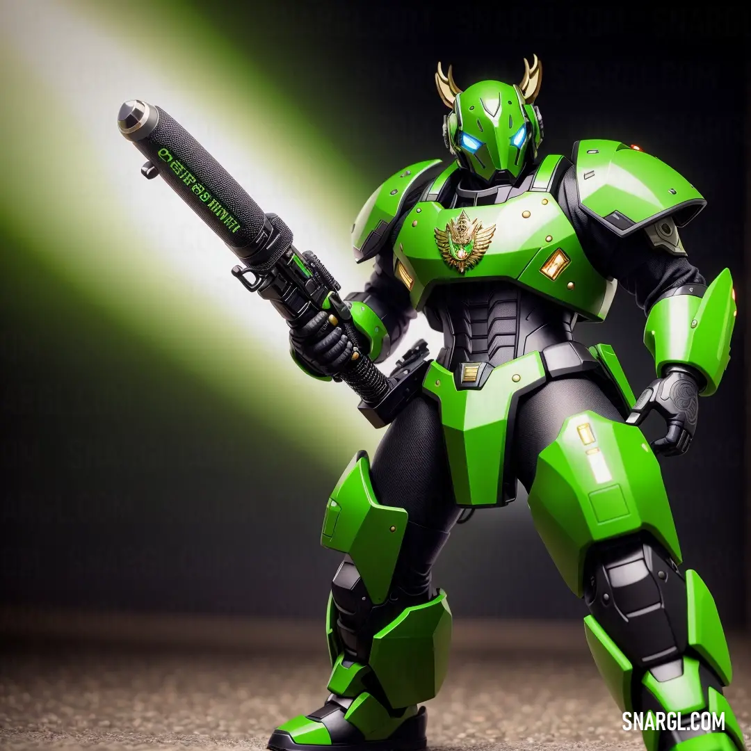Kelly green color example: Green and black robot with a gun in his hand and a green light behind it