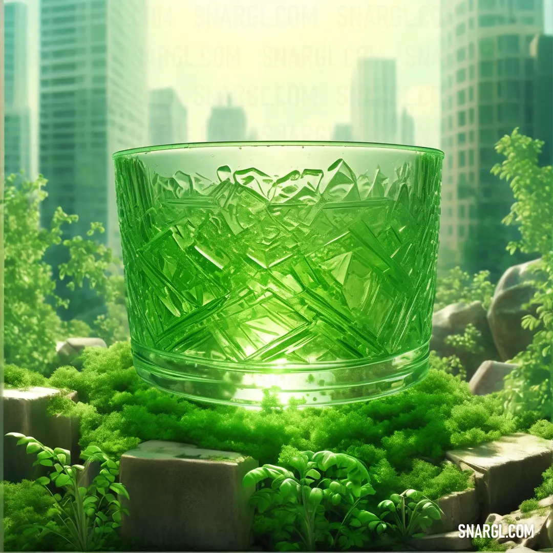 Green glass bowl on top of a lush green field of plants and rocks in front of a city. Example of #4CBB17 color.