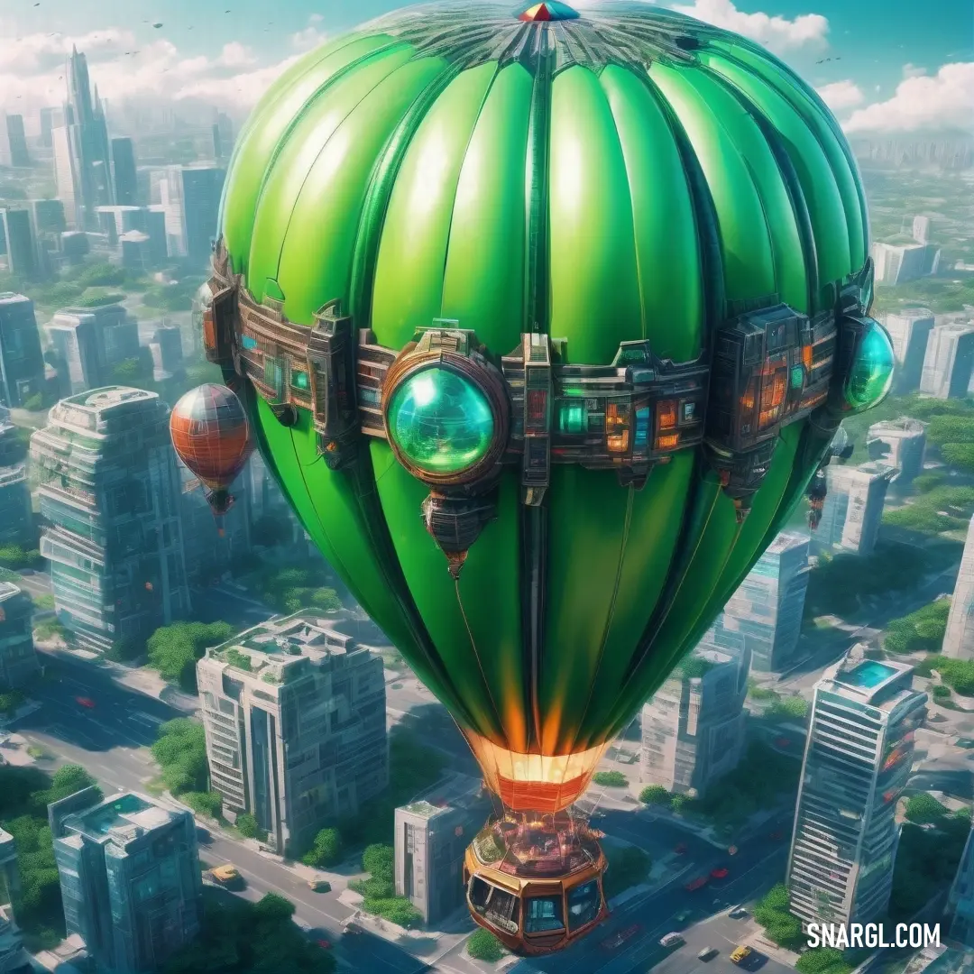 Green hot air balloon flying over a city in the sky with a train on it's side. Example of Kelly green color.