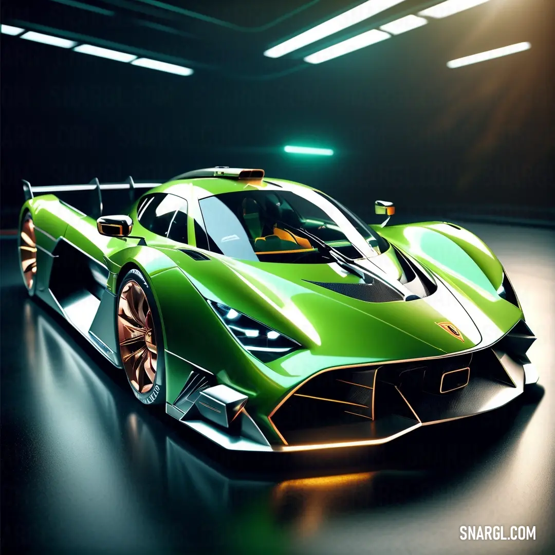 Green sports car is shown in a dark room with lights on it's sides and a black floor. Color CMYK 59,0,88,27.