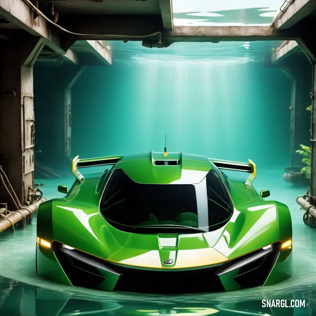 Green sports car is in a tunnel with a light shining on it's side. Color #4CBB17.